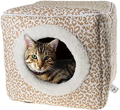 Cat Pet Bed Cave- Indoor Enclosed Covered Cavern/House for Cats Kittens and Small Pets with Removable Cushion Pad by PETMAKER, Tan/White Animal Print 13x12x12