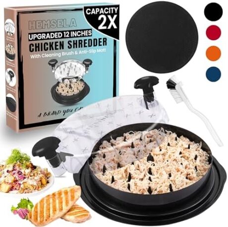 Chicken Shredder Tool Twist Large 12” with Visible Lid & Cleaning Brush | Meat Shredder Twist for Thin Chicken Breast | Dishwasher Safe Chicken Shredder Tool Twister & Food Shredder (Black)