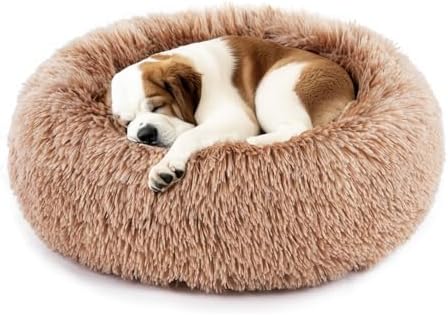 DUMOS Calming Donut Cat & Dog Bed for Medium Dogs, Machine Washable Cuddle Warming Cozy Fluffy Faux Fur Plush Round Dog Bed, Anti-Anxiety Waterproof Anti-Slip Pet Bed, Brown, 24×24×8 Inches