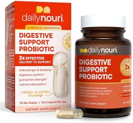 Daily Nouri Digestive Support Probiotic | Bloating & Gas Relief, Digestive Comfort, Gut Health | 3 Probiotic Strains & Vegan Omega Oil | 30-Day Supply