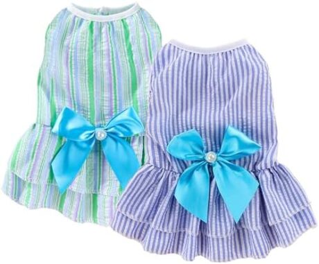 Dog Dress, Cute Pet Princess Dresses with Bright Color Design, Sweet Bowknot, Dog Clothes for Small Dogs Girl, Breathable & Lightweight, for Spring Summer, 2 Pack (Green Blue, X-Small)