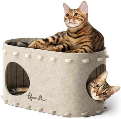 DownyPaws Cat House for Indoor Cats, Cat Bed Cave for Multiple & Large Cats Up to 22 Lbs, Scratch Resistant, Foldable Peekaboo Kitten Caves Tunnel Enclosed Bed, PeekaPurr, Cream