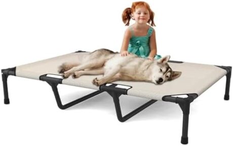 FIOCCO Elevated Dog Bed - Dog Cot with Chew Proof Mesh for XX-Large Dogs, Waterproof Washable Raised Pet Bed, Portable Pet Bed for Outdoor Use, Dogs Cot Beds, Beige