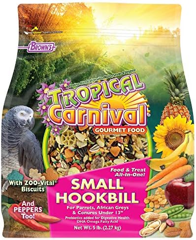 F.M. Brown's Tropical Carnival Gourmet Bird Food for Parrots, African Greys, and Conures Under 13", Probiotics for Digestive Health, Vitamin-Nutrient Fortified Daily Diet - 5 lb.