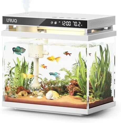 Fish Tank Smart Aquarium Kit: URUQ 2 Gallon Self Cleaning Multi-Layer Filtration System Silent Pump - UHD Glass 7-Color Lighting Temperature Monitoring - Fragrance Diffuser Humidifier White