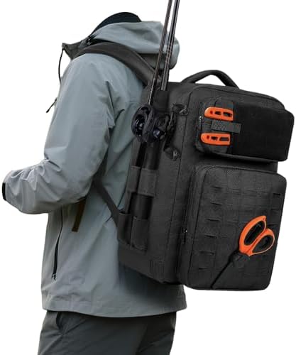 Fishing Tackle Backpack With Rod Holder, 50L Large Tackle Bag for Fishing, Waterproof Military Backpack for Camping, Fishings Gifts for Men,Black