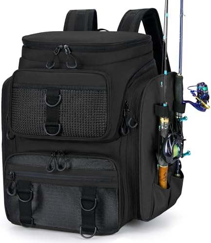 Fishing Tackle Backpack with Rod Holders, 41L Large Water-Resistant Fishing Bag with 18 Pockets - Storing Fishing Gear & Equipment