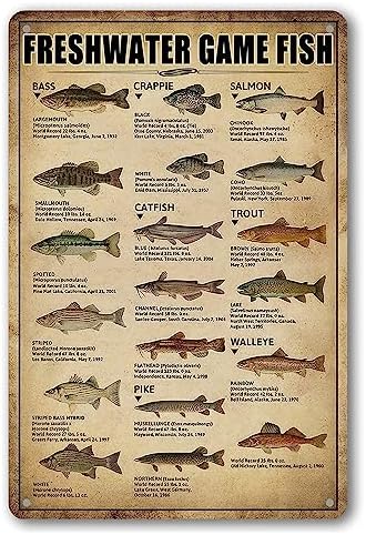 Fishing Wall Decor Rustic Cabin Hunting Fishing Signs Lake House Decor For Home Kitchen Fish Art Wall Decor Freshwater Game Fish Tin Sign Vintage Fish Knowledge Metal Signs Outside Fishing Decorations