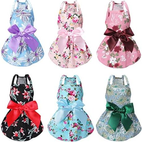 Frienda 6 pcs Dog Dresses Girls Dog Clothes Floral Cute Princess Bowknot Puppy Dresses Pet Cat Clothes Skirts Rosette Summer Outfits Apparel for Chihuahua Yorkies Female Small Cat Pets Kitten(M)