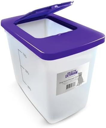 Health Extension Pet Food Container, 35 lb Capacity with Airtight Purple Lid and Wide Top Opening, Transparent BPA-Free Durable Plastic Design