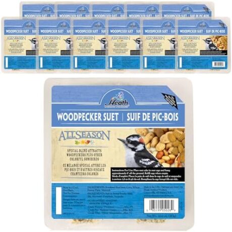 Heath Woodpecker Suet Cake, 5.2in, 10oz, 12 Pack - Blend Attracts Woodpeckers & Songbirds, No Melt