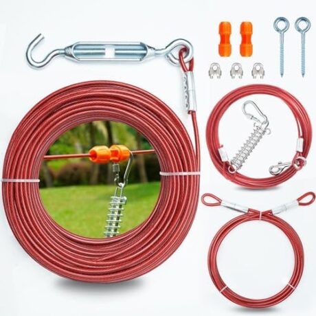 Heavy Duty Aerial Dog Tie Out Trolley System for Small to Large Dogs - Dog Run Cable 100ft /75ft Zipline with 10ft Runner Cable Great for Yard Camping Outdoor (Red, 100 ft for one Dogs up to 300 lbs)