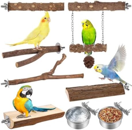 MCEAST 8 Pieces Natural Wood Bird Perches for Cage Parrot Stand Branch with 2 Bird Feeding Bowls 3.9 Inch Hanging Swing Toys Paw Grinding Fork Chewing Stick Exercise Training for Parakeets Cockatiels