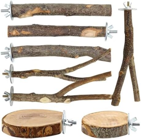 Natural Wood Bird Perches for Cage, Parrot Perch Stand & Platform, Bird Cage Accessories for Parakeets, Cockatiels, Conures, Lovebirds (Brown, Core Perch & Platform - 8PCS)