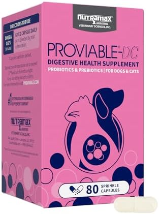 Nutramax Proviable Probiotics for Dogs and Cats, Daily Digestive Health Supplement with Multiple Strains of Bacteria, Cat and Dog Probiotics Plus Prebiotics, 80 Capsules