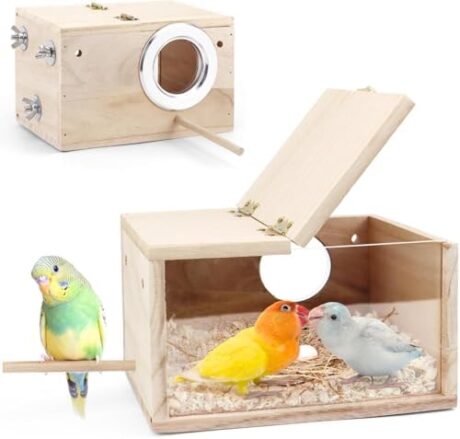Parakeet Nesting Box - Visual Wooden Bird Nest Breeding Box - Bird Cage House with Perch for Lovebirds Cockatiel Budgie Finch Parrot