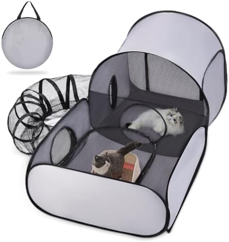 Pet Playpen with Surround Tunnel, Outdoor/Indoor Cat Playpen with Breathable Soft Sides，Tailtastic Cat Enclosure Tent for Small Animals, Portable Tent with Carry Bag (Medium)