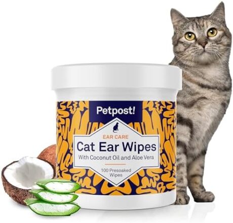 Petpost | Cat Ear Cleaner Wipes - Ultra Soft Cotton Pads in Coconut Oil Solution - Treatment for Removing Cat Ear Dirt & Wax 100 ct.