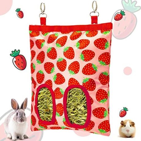 Rabbit Hay Feeder, Hanging Guinea Pig Hay Feeder Bag for Bunny Chinchilla Hamster with Back Hooks, 2 Holes, 9.8x11.4Inch