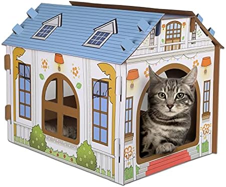 SEKAM Cardboard Cat House with Scratcher/Catnip (16.5''L x 12''W x 13''H), Play House for Indoor Cats, Cat Scratching Box & Hideaway Furniture, Hideout for Small Animals