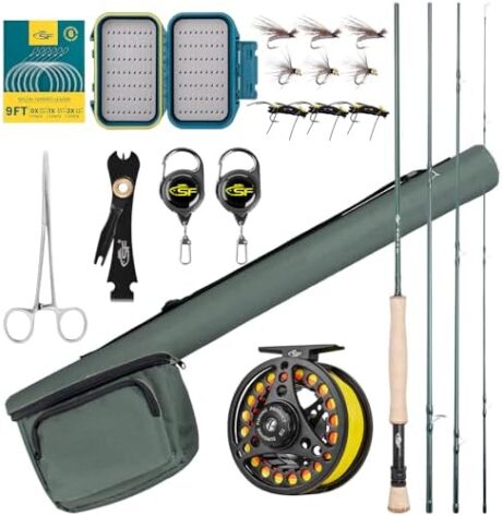SF Fly Fishing Rod Combo Starter Kit Semi Gloss Green Jade Finish 24T Carbon Fiber Trout Travel Fly Rod with Reel,Fly Rod case,Fly Box , Flies,Tapered Leader,Knot Tying Tools