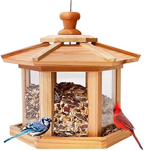Solution4Patio Bird Feeder for Outdoors - USA Cedar Hexagon Gazebo Bird Feeders with Vented Mesh Tray, Easy-Clean & Fill Design 9.6" Dia. X 8.7" H 3.2-lb Capacity