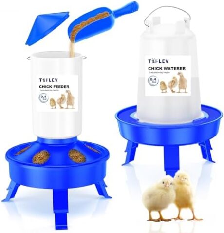 Top Filling Chick Feeder and Waterer Set with Scoop, 0.4Gal Chick Feeder and 0.4Gal Chick Waterer with 3 Heights Adjustable Legs for Chicks