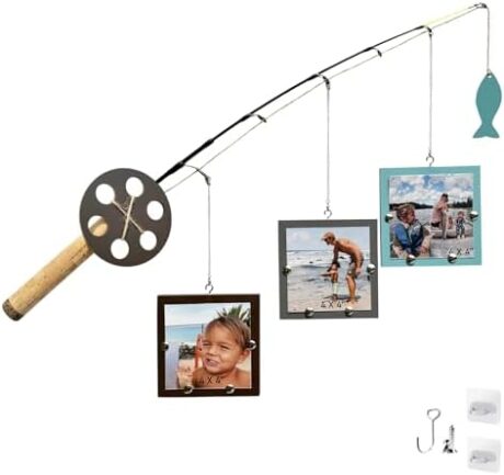 Wood Fishing Pole Picture Frame - Three 4''x4'' Frames, Real Fishing Rod Design, Adjustable Hanging - Fishing Decor for Lake House, Cabin, Farmhouse Wall, Boy’s Room, Fishing Lovers, Fisherman