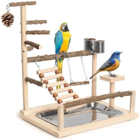 Wood Pet Parrot Playground Bird Play Stand Toys Perch with Feeder Cups for Cockatiel Parakeet Lovebirds Conure