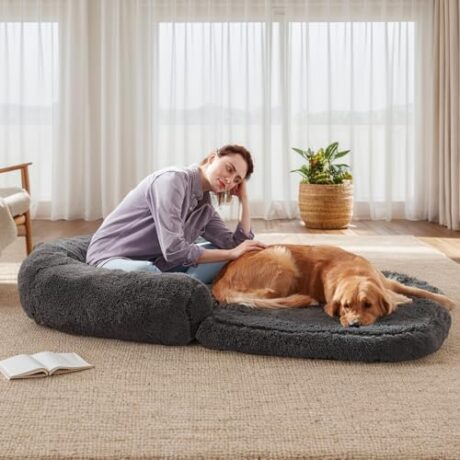 YAEM Foldable Human Dog Bed for People Adult, Memory Foam Dog Bed for Humans, Faux Fur Orthopedic Human Sized Pet Beds with Waterproof Liner, Dark Grey, 71"x45"x10"