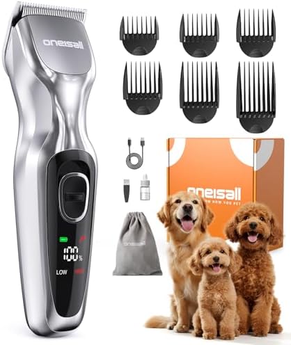 oneisall Dog Clippers for Grooming Thick Hair, Low Noise Cordless Dog Shavers, 2-Speed Pet Hair Trimmer Grooming Kit for Home Groomer