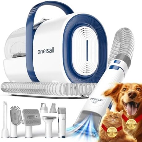 oneisall Dog Grooming Vacuum, Pet Grooming Vacuum with Clipper Nail Grinder, 1.5L Dust Cup Dog deshedding Vacuum Brush with 7 Pet Grooming Tools for Shedding Pet Hair, Home Cleaning(Blue)