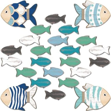 24 Pcs Wooden Fish Wall Decor Nautical Coastal Decorations Large 2 Size Christmas Coastal Hanging Wall Art Nursery Beach Lake House Decor for Home Bathroom Outdoor Decoration