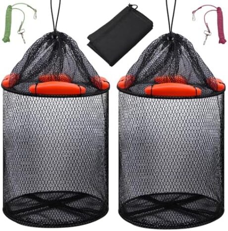 2PCS Floating Fish Basket Foldable Fishing Bucket Well with Storage Bag Collapsible Fishing Trap with Rubber-Coated Net String for Kayak Live Caught Fish (12.6 Inches D, 18.5 Inches H)
