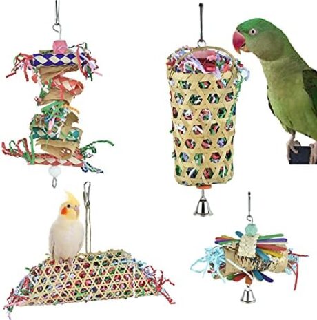 4 Pack Shredder Foraging Feeder Bird Toys Treat Basket for Parrots, Conure Shredding Chewing Paper Hanging Cage Climbing Foot Toys with Bell for Parakeets Cockatiel African Grey