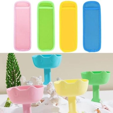 8pcs Popsicle Holders and Ice Pop Sleeves Set for Kids No Drips, 4pcs Cartoon Cat Ice Sticks Holder Stand Sucker and 4pcs Reusable Popsicle Cover Bags Sleeves for Frozen Yogurt Sticks Tubes Ice Pops