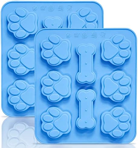 Anaeat 2 Pack Silicone Molds with Puppy Dog Paw and Bone Shaped 2 in 1, Reusable Non-Stick Ice Cube Trays & Flexible Candy Chocolate Molds for Homemade Dog Treats, Pudding & Baking Biscuit (Blue)