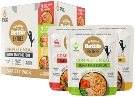 Because it's Better Entrée Complete Meal, Variety Pack, Human Grade Wet Dog Food, 10 oz Pouches, 6 Count