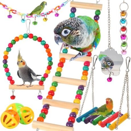 Bird Toys for Parakeets, Parrots, Conures, Cockatiels, Love Birds, Finches, Mynah, Budgerigar - 9Pcs Wooden Ladder Bridge, Swing, Hammock, Cage Accessories