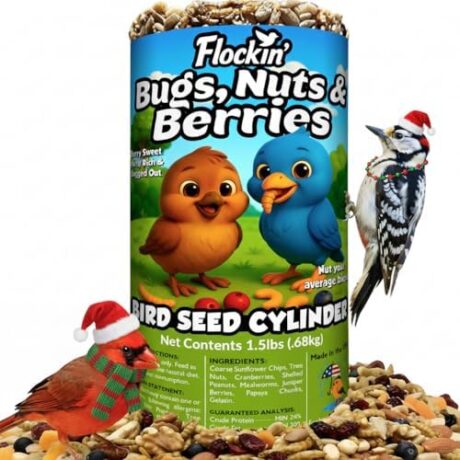Bugs, Nuts & Berries Bird Seed Cylinders with Hole – Wild Bird Food for Blue Birds, Woodpeckers, Cardinals & More – Premium Protein-Rich All Natural Blend, No Fillers – USA Made (4" x 7.75")