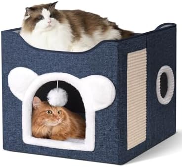 Cat Houses for Indoor Cats, Large Cat Cave with Fluffy Ball and Scratch Pad, Covered Cat Bed House, Foldable Cat Hideaway