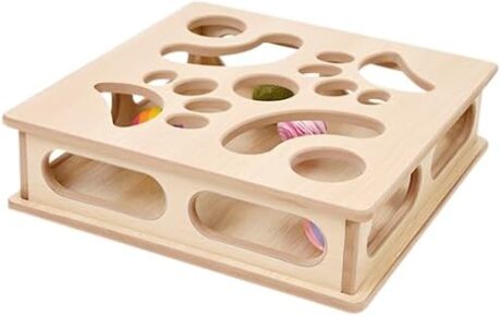 Cat Interactive Box Puzzle Toy with 3 Small Balls and 1 Bell Indoor Hunting Exercise Toy for Kittens Natural Wood Material
