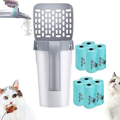 Cat Litter Scooper with Holder: 2 in 1 Portable Kitty Integrated Detachable Deep Cat Litter Shovel with Waste Container with Poop Sifting Cat Litter Disposal Syst with 120 Count Refill Bags (Grey)