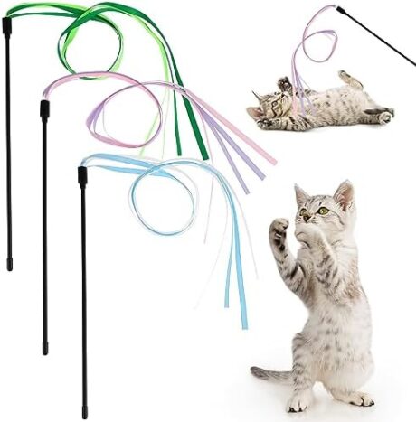 Cat Ribbon Wand Toys, 3pcs Interactive Cat Rainbow Wand String Toys for Indoor Cats Colorful Ribbon Charmer for Kittens Teaser Training Exerciser Playing Catcher Accessories