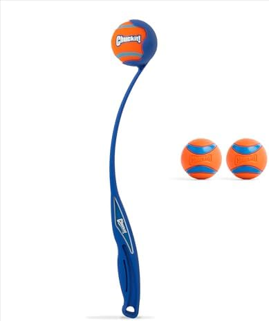 Chuckit! Ultra Ball & Launcher Bundle - Sport 18" with 2 Pack Medium (2.5") Bouncy Fetch Balls for Dogs 20-60 lbs, Dog Fetch Ball Thrower