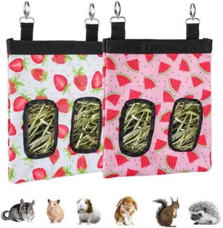 DZWLKJ Guinea Pig Hay Feeder, 2 Pack, 11 x 9 x 1 Inches, Rabbit Hay Feeder Bag, Stainless Steel, 600D Oxford, Watermelon and Strawberry