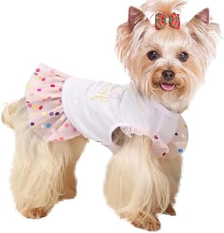 Dog Clothes Girl Dress Small Dogs Puppy Dresses Pet Shirt Female Yorkie Chihuahua Cat Sequin Tulle Birthday Party Lace Costume Tutu Skirt Apparel Outfit (Pink,S)