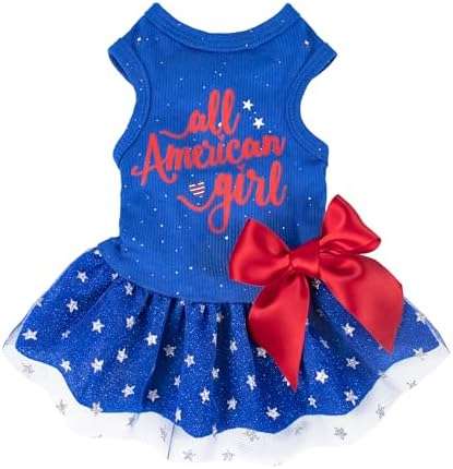 Fitwarm All American Girl Dog Dress, 4th of July Clothes for Small Dogs, Patriotic Tulle Dress, Pet Outfit, Royal Blue, Red, White, Medium