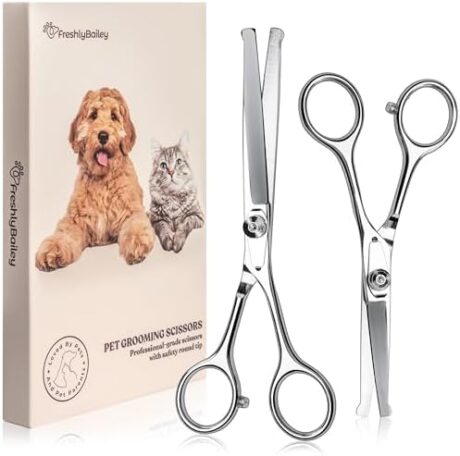 Freshly Bailey Pet Grooming Scissors Set with Round Tips for Dogs & Cats - Professional Grade Shears Safely Cut Through Dog or Cat Hair - Fur Trimming Made Easy - (Set of 2)