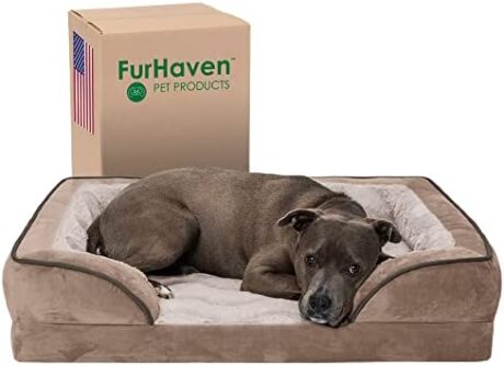 Furhaven Orthopedic Dog Bed for Large/Medium Dogs w/ Removable Bolsters & Washable Cover, For Dogs Up to 55 lbs - Plush & Velvet Waves Perfect Comfort Sofa - Brownstone, Large